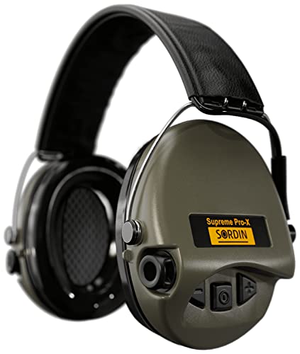 Sordin Pro-X Ear Muffs - Active and Electronic Ear Defenders w/Leather Headband - Gel Pads - Earmuffs for Hunting & Shooting - color: Olive