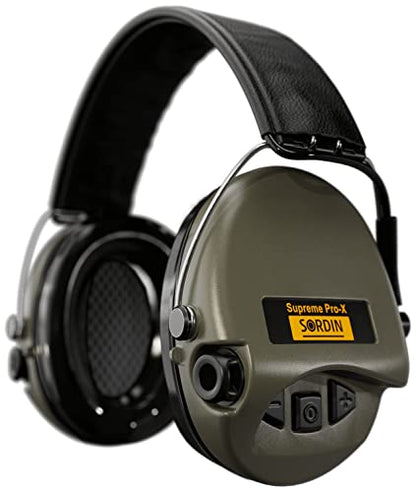 Sordin Pro-X Ear Muffs - Active and Electronic Ear Defenders w/Leather Headband - Gel Pads - Earmuffs for Hunting & Shooting - color: Olive