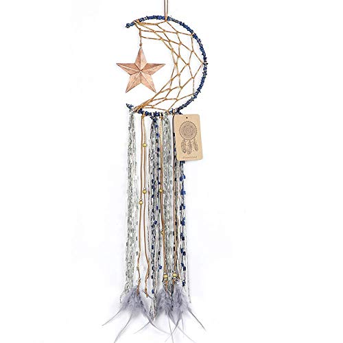Dremisland Blue Dream Catcher Handmade Half Circle Moon Design Dream Catcher Feather Hanging with Star Home Decoration Ornament Festival Gift (Moon& Star) - color: A-blue Moon& Star