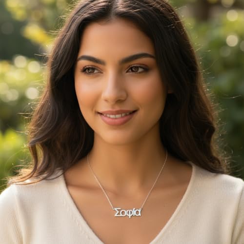 Personalized Japanese, Arabic, Hebrew, Greek, Chinese, Cyrillic, Hindi Name Necklace for Woman, Her, Men, Him - Custom Made with Any Name - Unisex Jewelry Gift for Mother's Day, Father's Day, Birthday - color: 925 Sterling Silver, style: Greek
