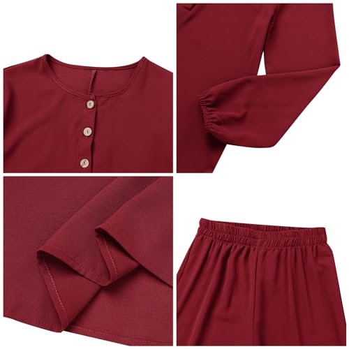 IDOPIP Women's Muslim Abaya Dress 2 Pieces Set Long Sleeve Button Down Shirt and Pants Casual Arabic Islamic Dubai Outfits - color: Wine Red, size: 3X-Large