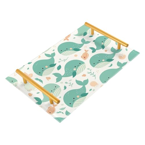 Bathroom Vanity Tray Counter Organizer, Turquoise Whales and Small Fish Pattern Decorative Tray with Handles Countertop Storage for Bathroom Bedroom Kitchen Home Farmhouse - color: Turquoise Whales and Small Fish Pattern