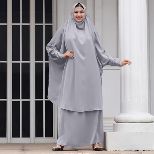 Abayas for Women Muslim Chiffon Prayer Burqa Dress Burkas for Women Muslim Hijab Dress Full Length Islamic Veil Abaya Set - color: Grey