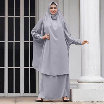 Abayas for Women Muslim Chiffon Prayer Burqa Dress Burkas for Women Muslim Hijab Dress Full Length Islamic Veil Abaya Set - color: Grey