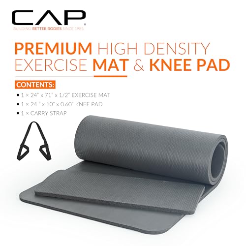 CAP Barbell 1/2-Inch High Density Exercise Yoga Mat with Strap | Multiple Options - color: Gray, style: Yoga Mat w/Knee Pad