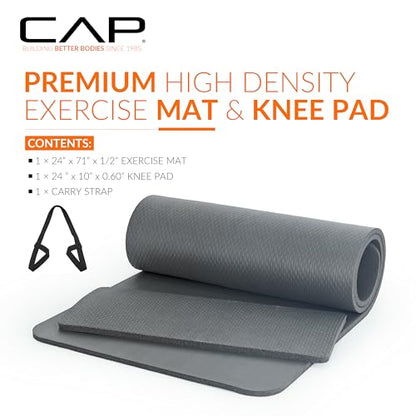 CAP Barbell 1/2-Inch High Density Exercise Yoga Mat with Strap | Multiple Options - color: Gray, style: Yoga Mat w/Knee Pad