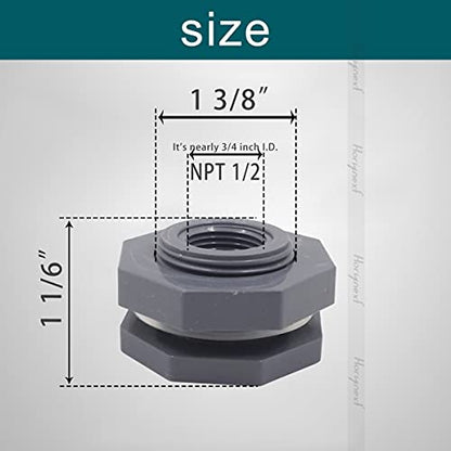 NPT1/2 PVC Bulkhead Fitting, Plastic Pipe Connector for rain Barrel Garden Hose Adapter Spigot kit Water Tank Gallon Drain Bucket (pack of 4 pcs) - size: NPT1/2 female thread (3/4 inch I.D.）PVC