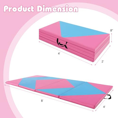 Goplus Gymnastics Mat, Folding Tumbling Mat with Carry Handles, Hook & Loop Fasteners, 4 Panels for Fitness Exercise Yoga Stretching Aerobics Workouts, Thick Gym Mats for Home - color: Blue&Pink