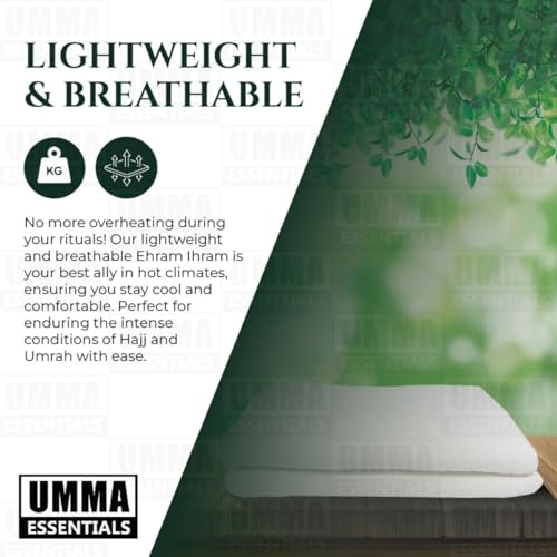Ihram Ehram Ahram for Men, 100% Cotton, Hajj Umrah Ihram Ehram Towels, Hypoallergenic, Quick-Drying, Lightweight, Breathable, 2 Count, White, Adult Size 110 x 220cm = 43X86 inch