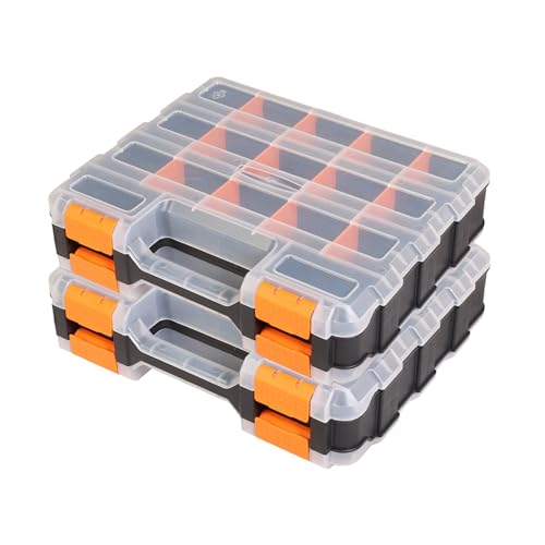 Tool Box with Transparent Lid, Double Side 34-Compartments Organizer Box with Removable Dividers for Hardware, Screws, Bolts, Nails, Beads, Jewelry and Fishing Accessories, Orange, 2 Packs - color: Orange, size: 2 PACK