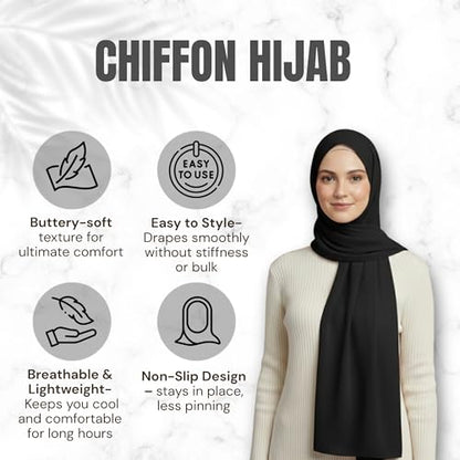 NOOR Chiffon Hijab Set for Women - Pack of 5 Lightweight Non-Slip Scarves, Premium Breathable Fabric, Gift-Ready Packaging - color: Mix Colors 15