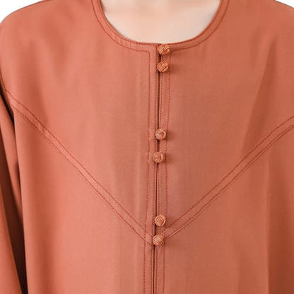 Kids Arabic Thobes for Boys Muslim Thobe Long Sleeve Kaftan Islamic Prayer Dress Kids Dubai Robe Burkas Ramadan Eid Outfit - color: Brown, size: 3-4T