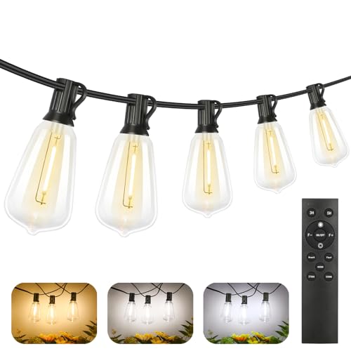 Brightever 150FT Outdoor Lights with Remote, 2700K/4000K/5000K Selectable LED String Lights for Outside with 75+2 ST38 Shatterproof Edison Bulbs, 3 Modes Dimmable Waterproof Hanging Lights for Patio - color: Black Wire 3CCT, size: 150FT