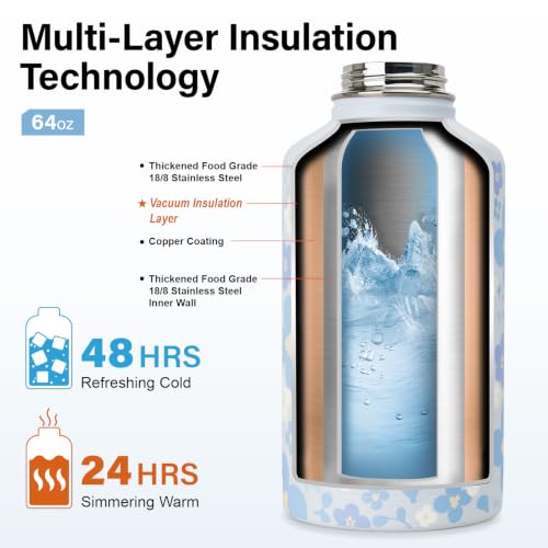 DYSANKY Water Bottle Gift– 64 oz Insulated Stainless Steel Bottle with Carrier Bag, Strap & Gift Box – BPA-Free – Ideal for Hiking, Camping & Travel - Blue Flower 64 oz - color: Blue Flower, size: 64 Ounces