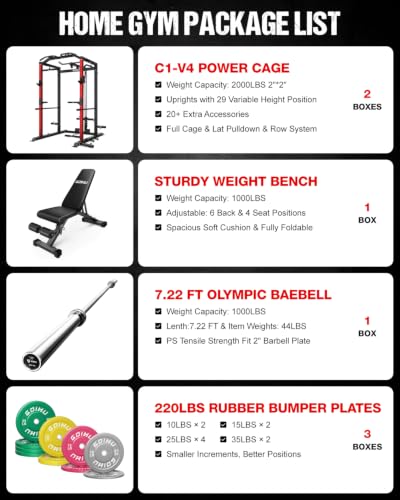 C1-V4 Power Cage, 2000LBS Squat Rack with LAT Pulldown, Multi-Function Weight Cage Strength Training Machine, Workout Cage with More Attachments for Home Gym Garage - style: 220LBS Colorful RD Package