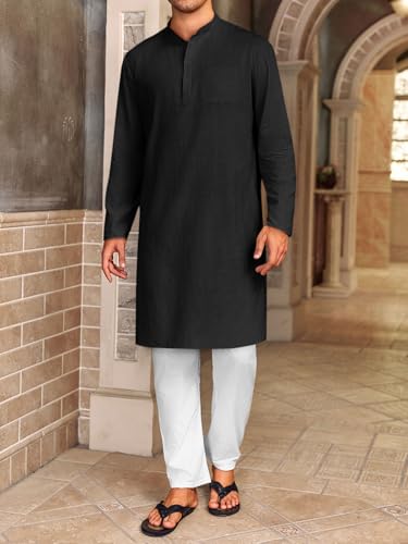 Gafeng Mens Kaftan Robe Button Down Long Sleeve Henley Cotton Thobe Casual Side Split Gown Shirt - color: Black, size: XX-Large