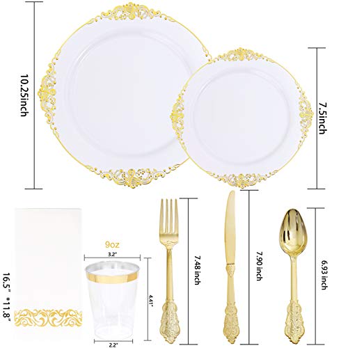 Nervure 175PCS White and Gold Plastic Plates - Disposable Dinnerware Set Include 50 Gold Plates for Dinner and Dessert, 75 Cutlery, 25Cups 25Napkins for Wedding & Party - color: Gold, style: 175Pcs(25Guests)