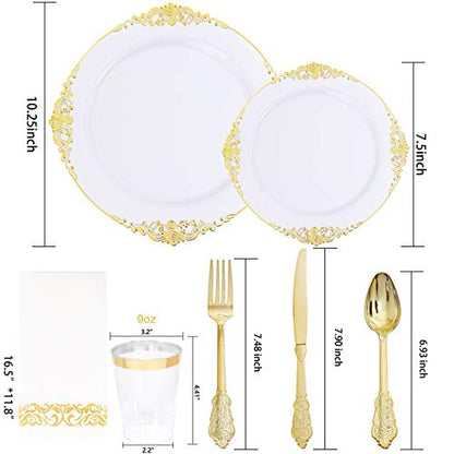 Nervure 175PCS White and Gold Plastic Plates - Disposable Dinnerware Set Include 50 Gold Plates for Dinner and Dessert, 75 Cutlery, 25Cups 25Napkins for Wedding & Party - color: Gold, style: 175Pcs(25Guests)