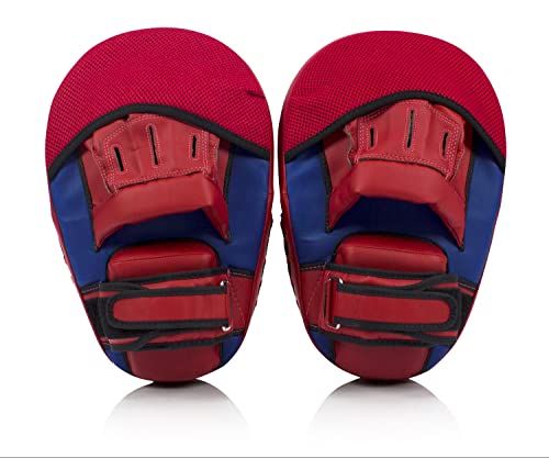 Fairtex FMV13 Maximized Focus Mitts, Muay Thai Kickboxing MMA Punching Pads | Premium Syntek leather shell with multi-layer foam. Curved shape with hook-and-loop wrist strap absorbs trainer strike impact - color: Blue/Red