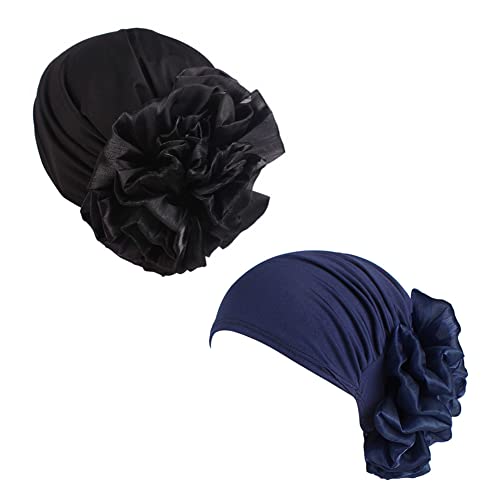 Women Flower Elastic Turban Beanie Head Scarf wrap Chemo Cap hat for Cancer Patient - color: Black Navy