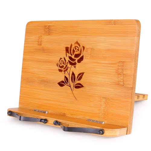 MEGREZ Bamboo Book Stand 11 x 8.0 inch, Foldable Cookbook Holder with 6 Adjustable Height, Reading Book Holder for Recipe, Music Book, Textbook, Tablet Stand, Rose - color: Rose, size: 11.0 x 8.0 inch