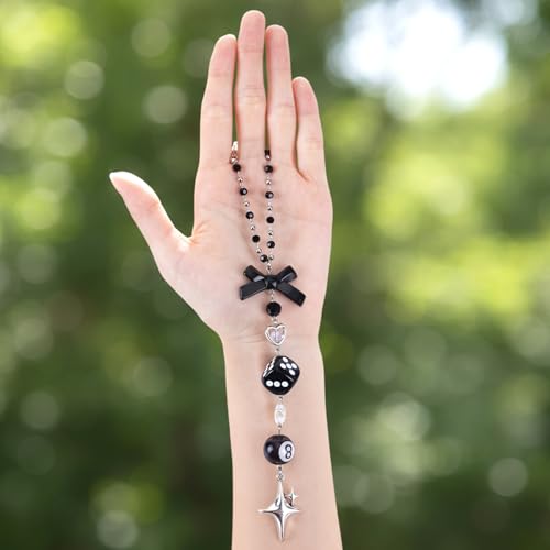 Black Bow Car Mirror Chain Y2k 8 Ball Star Beaded Hanging Charm | Y2k Aesthetic Hanging Charm With 8 Ball And Star Pendant. Beaded Car Rearview Mirror Chain. Cute Car Interior Decor - style: Star