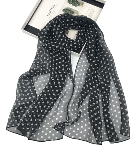 Long Chiffon Sheer Scarf For womens - color: Black and White (Polka Dots)