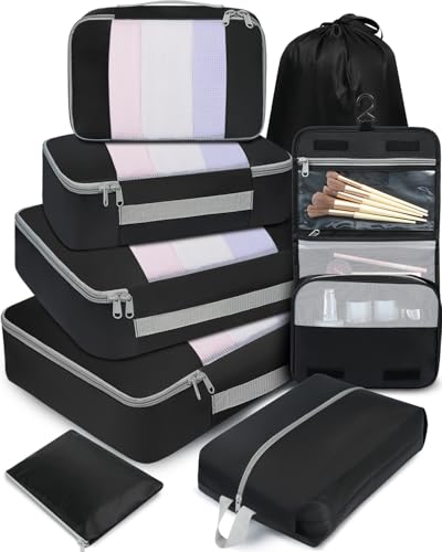 BAGAIL 6 Set/8 Set/10 Set Packing Cubes Various Sizes Packing Organizer for Travel Accessories Luggage Carry On Suitcase - color: 08-Black, style: 8 Set-middle Mesh