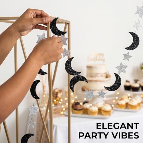 Prom Decorations 4m Glitter Paper Star Strips Black Silver Moon and Stars Decor, Hanging Space Decorations Galaxy Garland for Ramadan Birthday Backdrop Ceiling Decor
