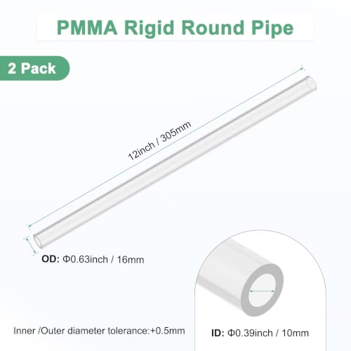 M METERXITY 2-Pack Clear Rigid Acrylic Pipe, 10mm[0.39"] ID x 16mm[0.63"] OD Plastic Round Tube for Water Cooling System/Lamps/Fountains/Aquariums/Display Stand, Acrylic Tubing [305mm/12IN] - size: 10mm ID x 16mm OD