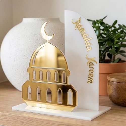 iwa concept Ramadan Kareem Table Decor, Islamic Mosque Statue with Acrylic Design, Freestanding Modern Islamic Home Decoration for Ramadan and Eid - color: Gold-frosted