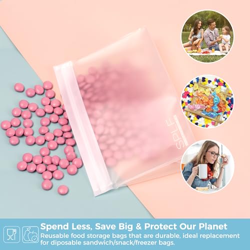 SPLF 6 Pack Dishwasher Safe Reusable Sandwich Bags Stand Up | Quart freezer bags, Reusable Food Storage Bags, BPA FREE Extra Thick Leakproof Silicone Free Zipper Snack Lunch - size: 6 Pack Quart Bags