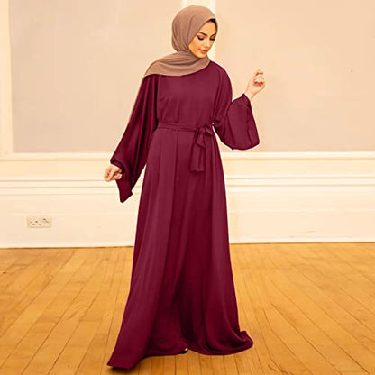 Prayer Dress for Women Muslim Long Sleeve A Line Elegant Maxi Dress Casual Wedding Party Maxi Dresses with Belt - color: Red, size: X-Large