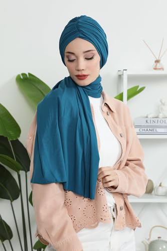 Aisha's Design Instant Hijab Scarves for Women, 95% Cotton Pretied Bonnet Turban Easy to Wear Cotton Headscarf - color: Petrol Blue