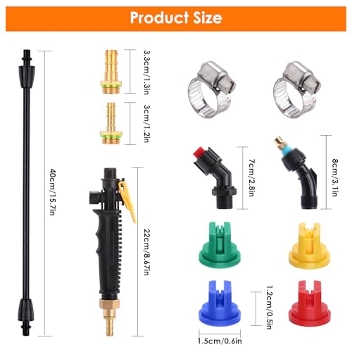Acid Resistant Sprayer Wand with Fan Nozzles, Pump Replacement Sprayer Wand with 1/4" & 3/8" Brass Barbs and 2 Hose Clamps