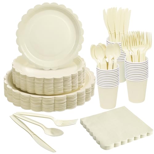 Goodluck Ivory Scalloped Disposable Tableware Set - 350PCS - color: Ivory white