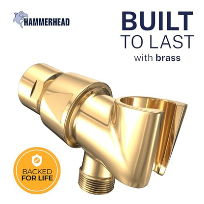 HammerHead Showers® Solid Metal Handheld Shower Head Holder - Polished Brass - Adjustable Shower Wand Holder with Universal Wall Hook Bracket and Brass Pivot Ball - Hand Held Shower Head Holder - color: Polished Brass