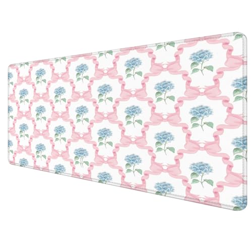 Blue Hydrangea Large Mouse Pad 31.5x15.7inch, Trendy Coquette Pink Bow Flower Aesthetic Large Extended Computer Desk Mat Mousepad for Keyboard and Mouse, Preppy Desk Accessories - color: Color 10