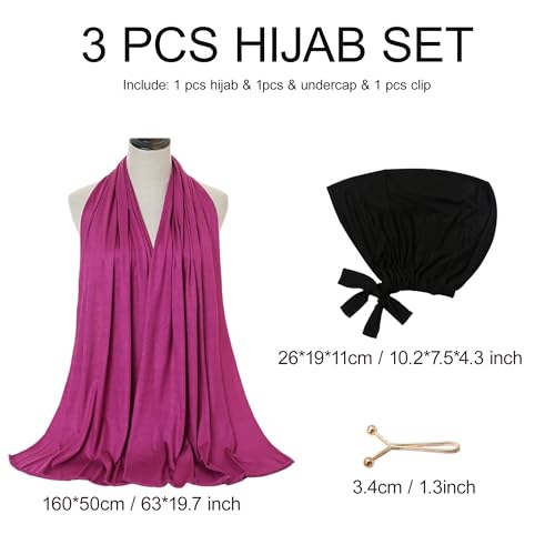 Hijab Scarf for Women, 3PCS Set with Undercap and Hijab Clip Lightweight Modal Muslim Head Wrap Scarf for Daily - color: Sy22-dark Fuchsia Hijab+black Undercap