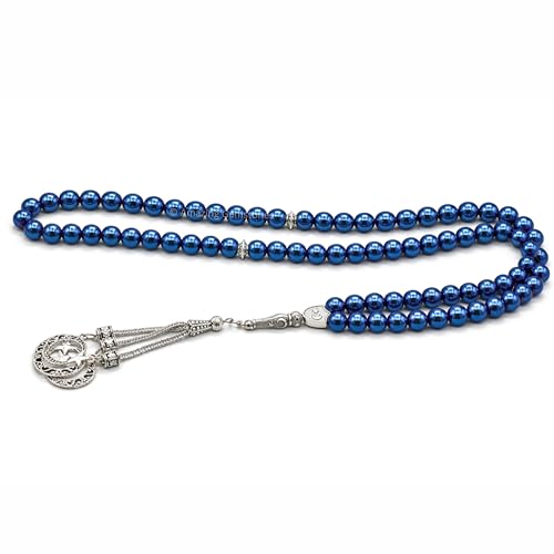 Amazing Gemstone Blue Hematite Tasbeeh with Moon and Star Charm - Certified Crystal Muslim Prayer Beads Natural Gemstone Tasbih Gift for Ramadan Dhikr and Daily Namaz (S) - color: Blue Hematite