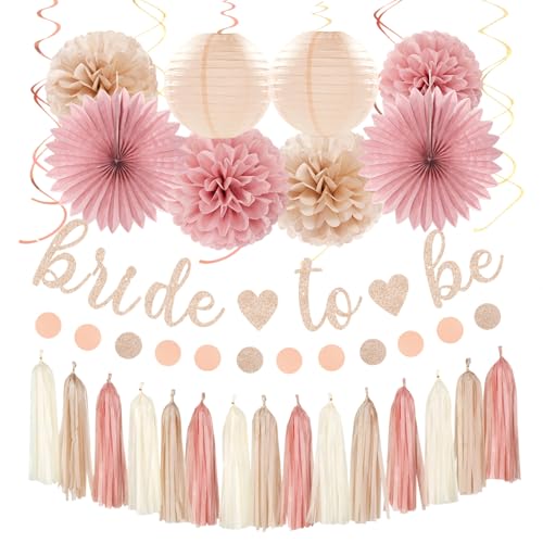 Blush-Pink Rose-Gold Bridal-Shower Fall Party-Decorations - 31pcs Bride to Be Sign Banner,Bachelorette Paper Lanterns,Wedding Streamers Garland,Boho Peach Tissue Pom Poms Fans Decor Supplies Burgleda - color: Blush Pink Rose Gold Bridal Shower
