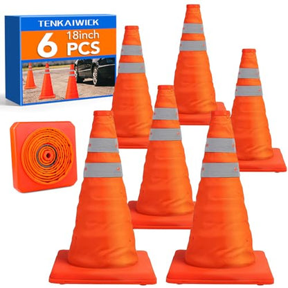 TENKAIWICK 18 Inch 6 Pack Traffic Cones,Collapsible Safety Cones,Multi Purpose Pop-up Cones with Reflective Collar,Orange Cones for Parking lot, Driveway, Driving Training etc - size: 18Inch