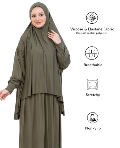 Prien Soft Prayer Dress For Women, Muslim Abaya Hijab Set, Long Turkish Cotton Praying Outfit, Islamic Clothes For Ramadan - color: Khaki