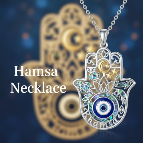 PROESS 925 Sterling Silver Hamsa/Allah Necklace Evil Eye Amulet Jewelry Gifts for Men Women - style: Hamsa Moon Star