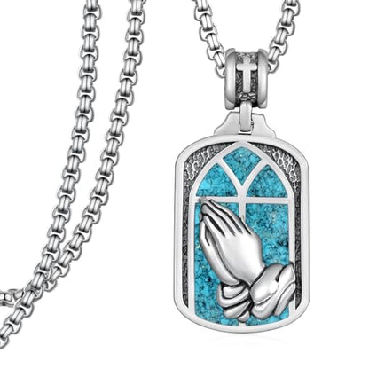 Western Catus/Knights Templar/St Michael/Santa Muerte/Praying Hand/Spartan/Virgin Mary/Tetragrammaton/Wrestlers/Allah Necklace Sterling Silver Dog Tag Necklace Christian Jewelry Gifts for Men - style: Praying Hand