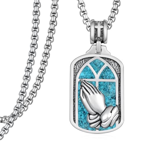 Western Catus/Knights Templar/St Michael/Santa Muerte/Praying Hand/Spartan/Virgin Mary/Tetragrammaton/Wrestlers/Allah Necklace Sterling Silver Dog Tag Necklace Christian Jewelry Gifts for Men - style: Praying Hand