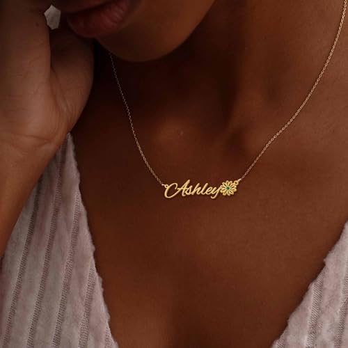 Elemtansy Custom Name Necklace with Birth Flower, Personalized Jewelry Necklaces for Women, 18K Gold Name Plate Necklaces Personalized Mothers Day Birthday Gifts for Women Sister Best Friend - color: 3-Name with Birth flower&Birthstone