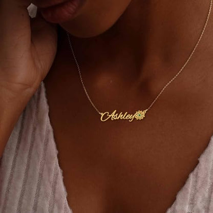 Elemtansy Custom Name Necklace with Birth Flower, Personalized Jewelry Necklaces for Women, 18K Gold Name Plate Necklaces Personalized Mothers Day Birthday Gifts for Women Sister Best Friend - color: 3-Name with Birth flower&Birthstone