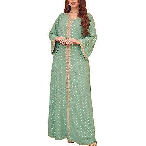 FPOVFPO Women's Muslim Abaya One-Piece V Neck Bronzing Dress Islamic Full Length Kaftan Daily Casual - color: Green, size: Small