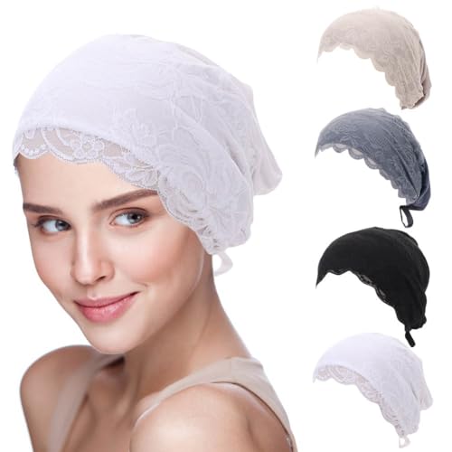 4 Pcs Lace Cotton Elastic Inner Beanies Cap for Islamic Muslim Hijab Undercap with Tie Back Closure Under Scarf Hat - color: Assorted Colors a